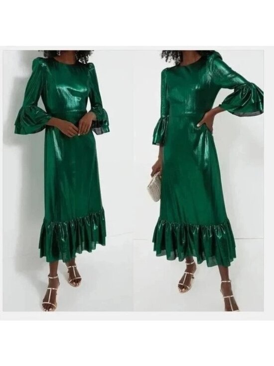 Pomander Place Dresses & Skirts - Pomander Place Emerald Crinkle Lurex Lillith Dress Metallic Green Bell Sleeve L